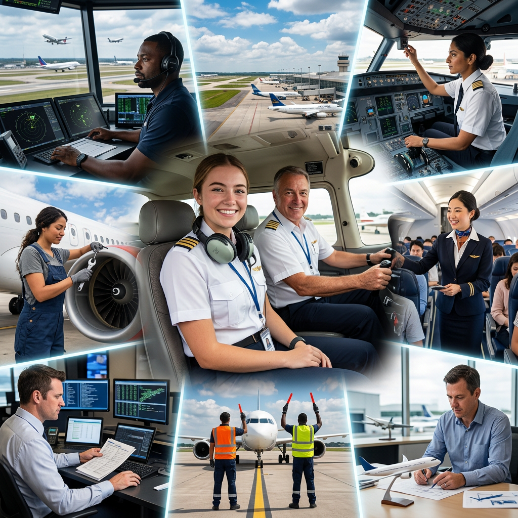 Multiple aviation professionals including pilots, flight attendants, air traffic controllers, ground crew, and engineers performing their tasks